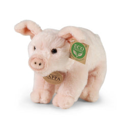 Plush domestic pig toy in pink with a smooth texture, featuring an eco-friendly tag and rounded body on a white background.