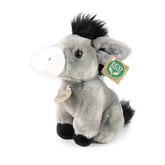 Plush donkey stuffed animal, 18 cm, gray with a white muzzle, black mane, and an "ECO FRIENDS ORIGINAL" tag on its ear.