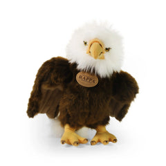 Plush eagle toy with brown body, white markings, and spread wings, featuring a "RAPPA" tag on its chest.