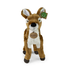 Plush fawn stuffed animal in brown and white, featuring an eco-friendly tag with a green leaf logo, against a white backgroun