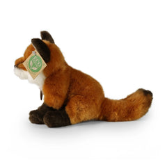 Plush fox stuffed animal, 18 cm, eco-friendly with brown and white fur, sitting upright against a white background.