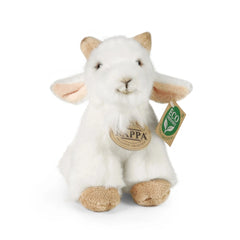 Plush goat stuffed animal with white fur, light brown ears, and a smiling face, featuring an eco-friendly tag.