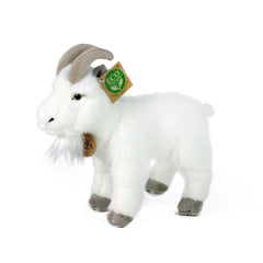 Plush goat toy made from eco-friendly materials, featuring a white coat, gray feet, and tags indicating organic certification