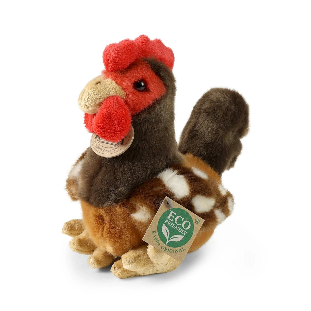 Plush hen toy with a brown body, red head, and fluffy tail, featuring an eco-friendly tag highlighting its organic materials.