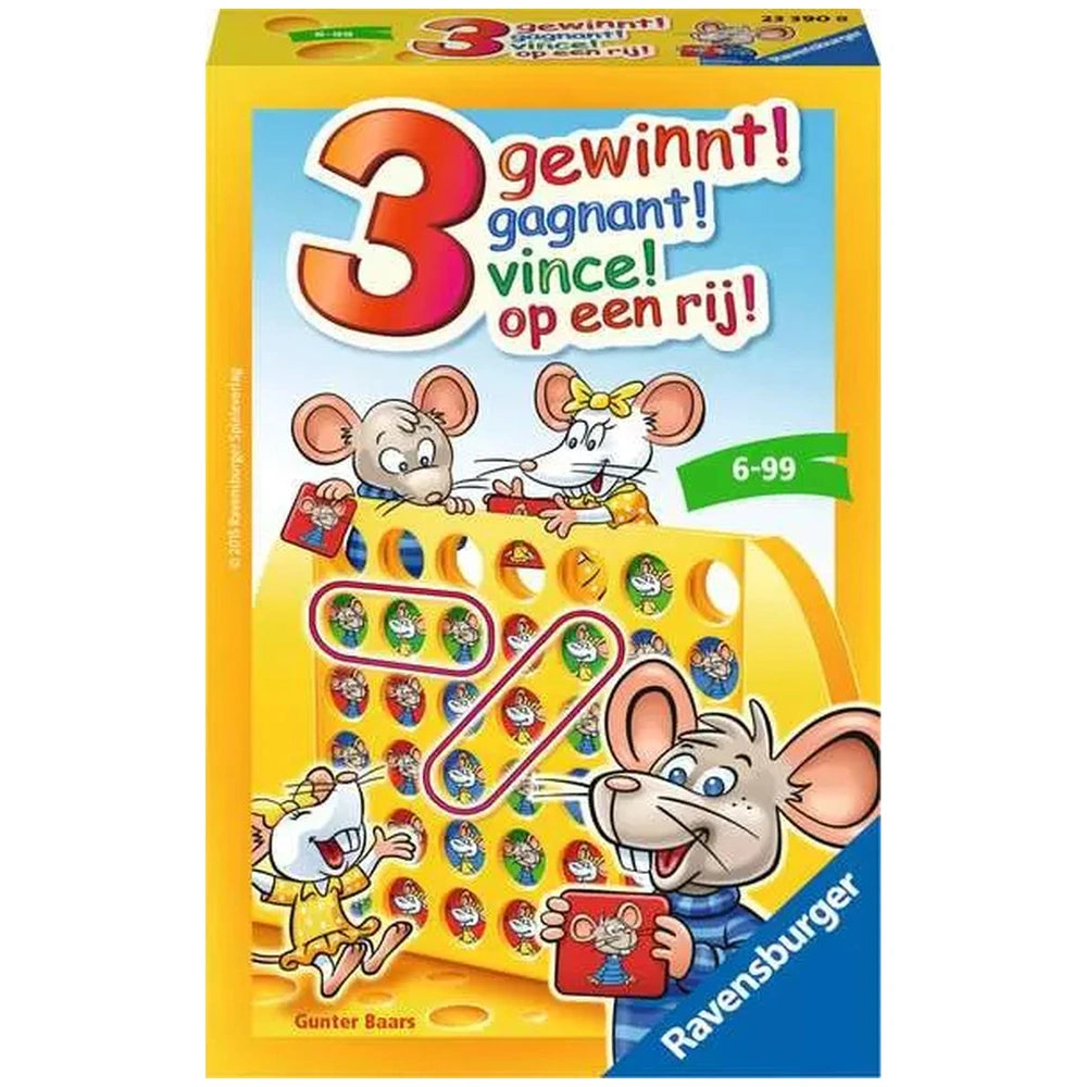 Ravensburger's 3 Gewinnt! board game box features colorful cartoon mice, vibrant designs, and playful text on a yellow backgr