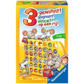 Ravensburger's 3 Gewinnt! board game box features colorful cartoon mice, vibrant designs, and playful text on a yellow backgr