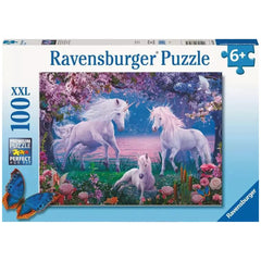 Ravensburger puzzle box featuring a fantasy scene with two white unicorns, a fairy, and a colorful landscape.