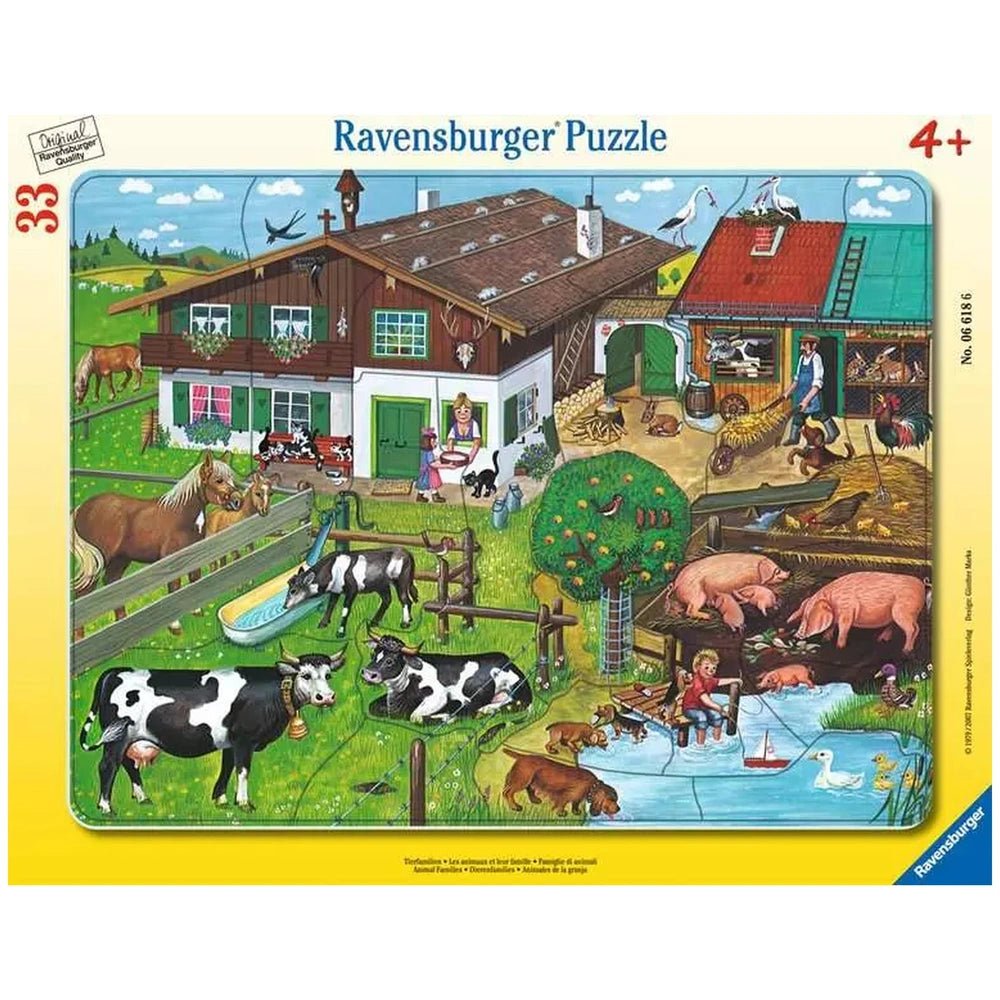 Ravensburger Animal Families puzzle box features a colorful farm scene illustration with animals, suitable for ages 4 and up.