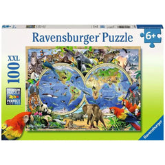 Ravensburger puzzle box featuring a colorful illustration of animals and landscapes, labeled "100 PIECES" and "6+".