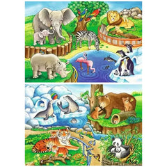 Ravensburger puzzle features vibrant illustrations of zoo animals like elephants, zebras, and a giraffe in natural habitats.