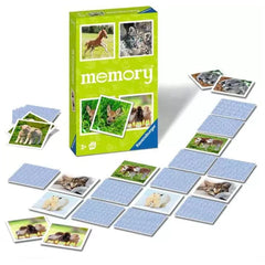 Ravensburger Baby Animal Memory card game features colorful animal images on glossy cards arranged in a grid within a green b