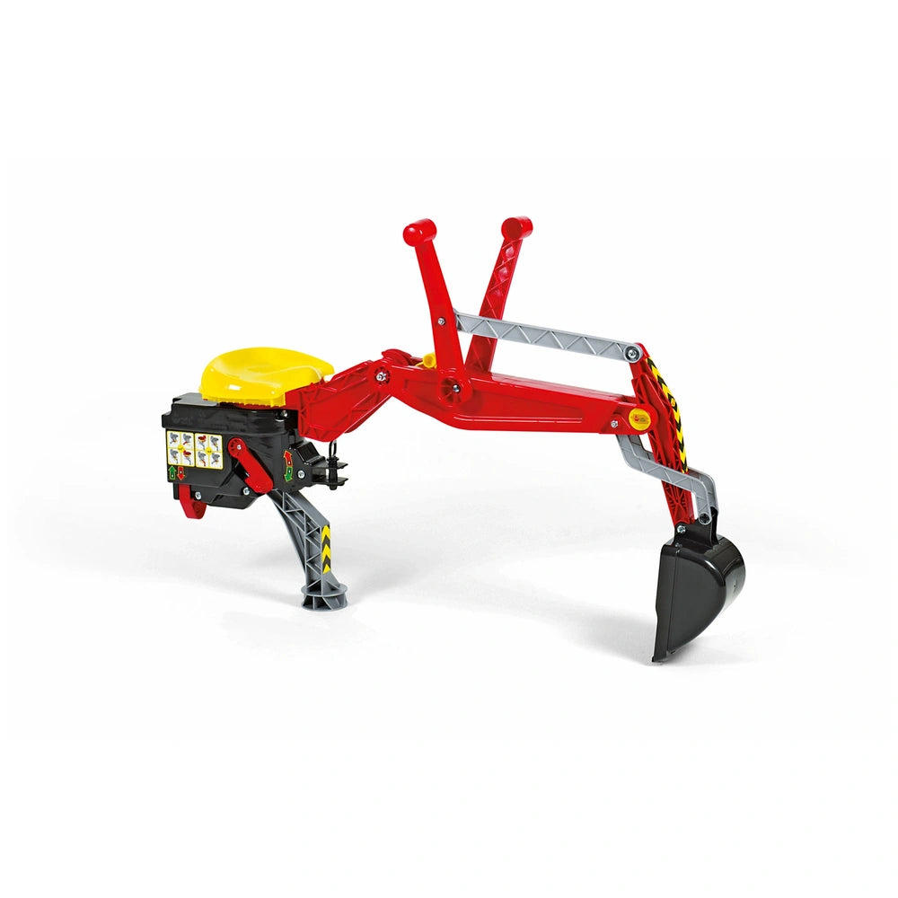 Rollybackhoe functional excavator in red and yellow, featuring a crane arm with a bucket and a black shovel attachment.