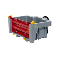 Rollybox John Deere riding toy features a red metal frame with a gray base and yellow components for stability and movement.