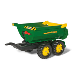 Rollyhalfpipe John Deere trailer features a green plastic body, yellow wheels, and a black handle against a white background.