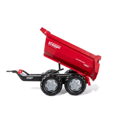 Red toy dump truck with black wheels and "KRAMPE" branding on the side, set against a white background.