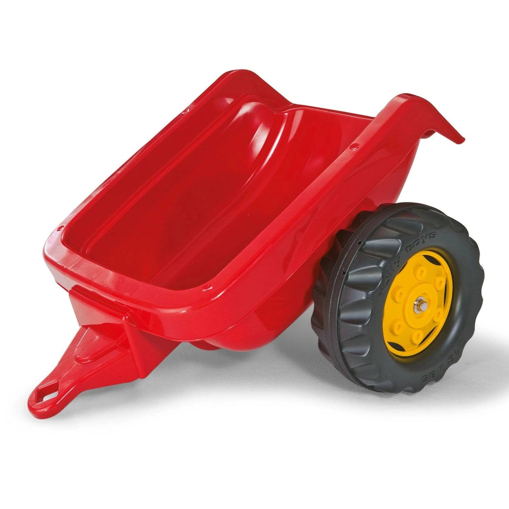 Red wheelbarrow with a black rubber wheel and yellow center, set against a plain light background.