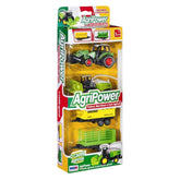 RS Toys AgriPower set features a green tractor and yellow trailer in a green and yellow cardboard packaging with plastic wind