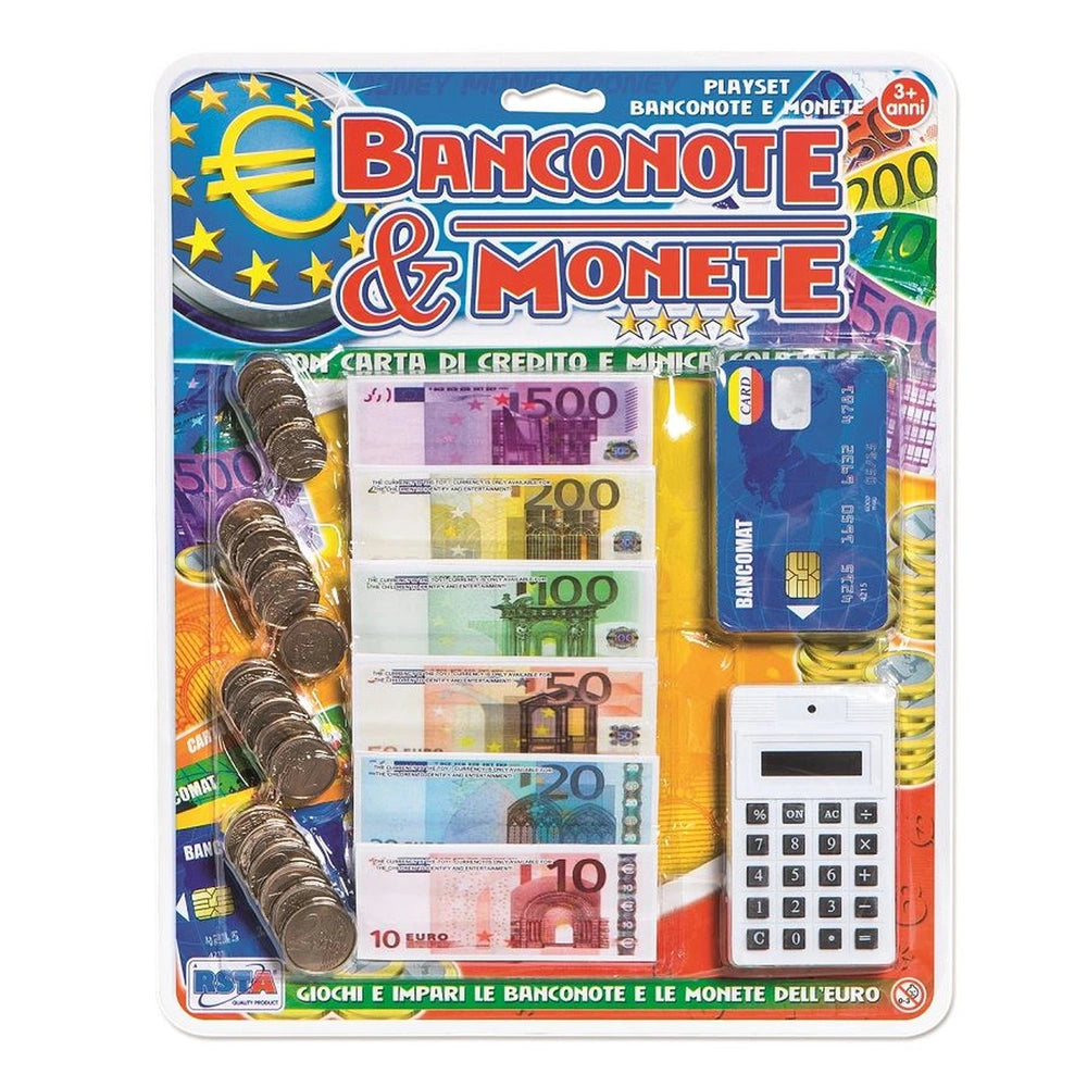 RS Toys mini calculator credit card set features colorful packaging with coins, a calculator, and Italian text for pretend pl