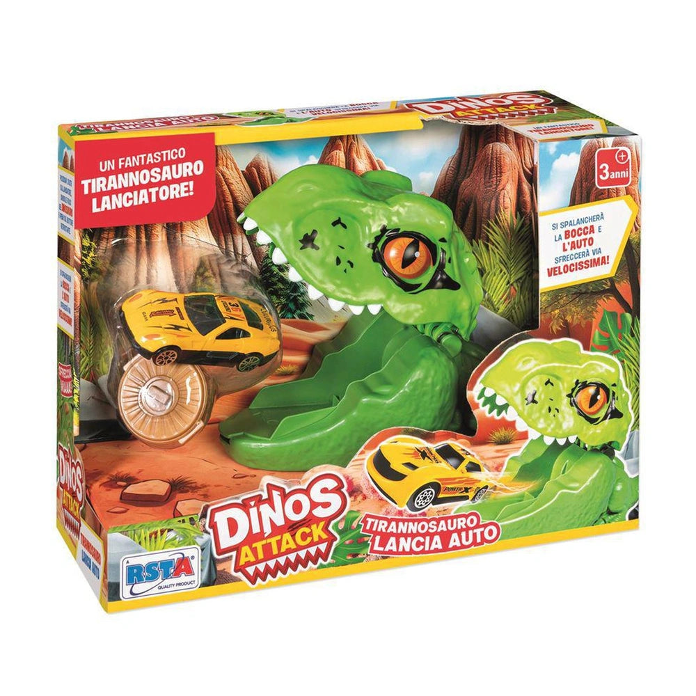 RS Toys Dinos Attack T-Rex toy playset box features a vibrant dinosaur illustration with a car, emphasizing adventure and fun