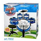 Junior Rock Band Ritmo Rock Drums toy set in blue and silver, displayed in a box with a clear window and rock-themed text.