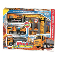 RS Toys Mega Construction Play City set features vibrant packaging with a crane and truck, designed to attract children's att
