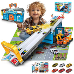 RS Toys Pista Pit Stop features a child playing with a yellow toy car on a blue road-designed mat with a toy ramp.