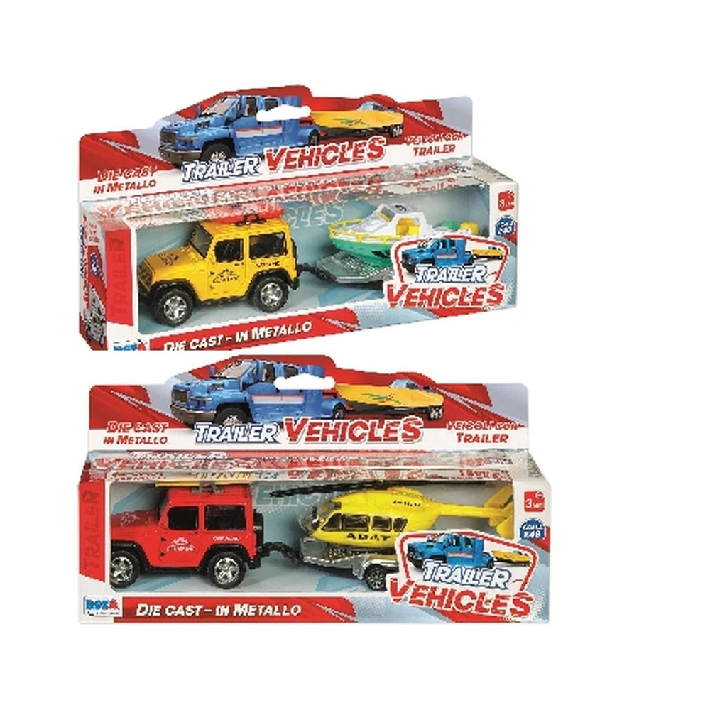 RS Toys off-road Jeep trailers in red and yellow with colorful vehicles on a red and white road-like background.
