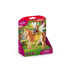 Schleich Bayala Fairy Marween toy features a brown horse with a white mane, a rider in red and white, in vibrant packaging.