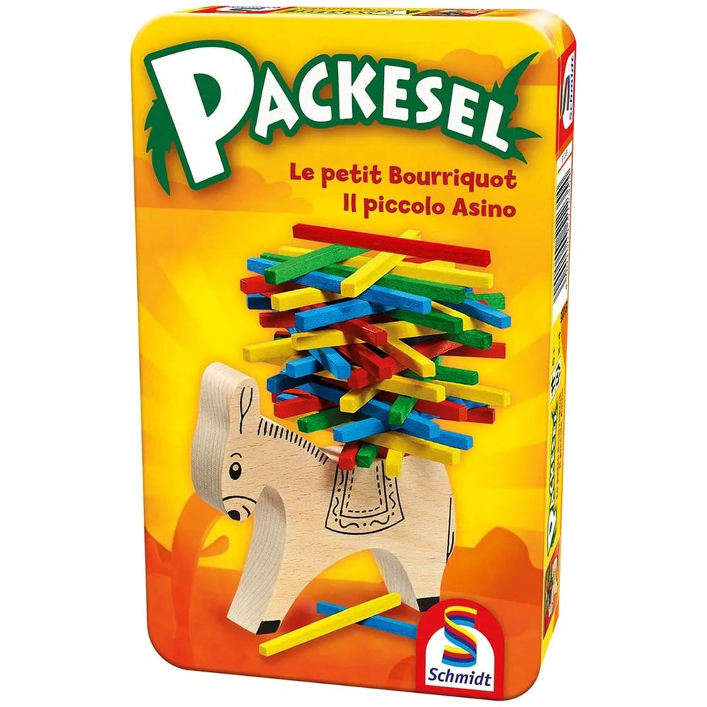 Schmidt Games Pack Mule features a colorful wooden donkey on a bright yellow box, designed for children's travel board games.