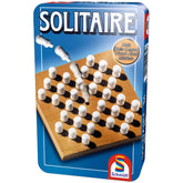 Schmidt Games Solitaire packaging features a blue design with a wooden board and scattered white pegs, highlighting its famil
