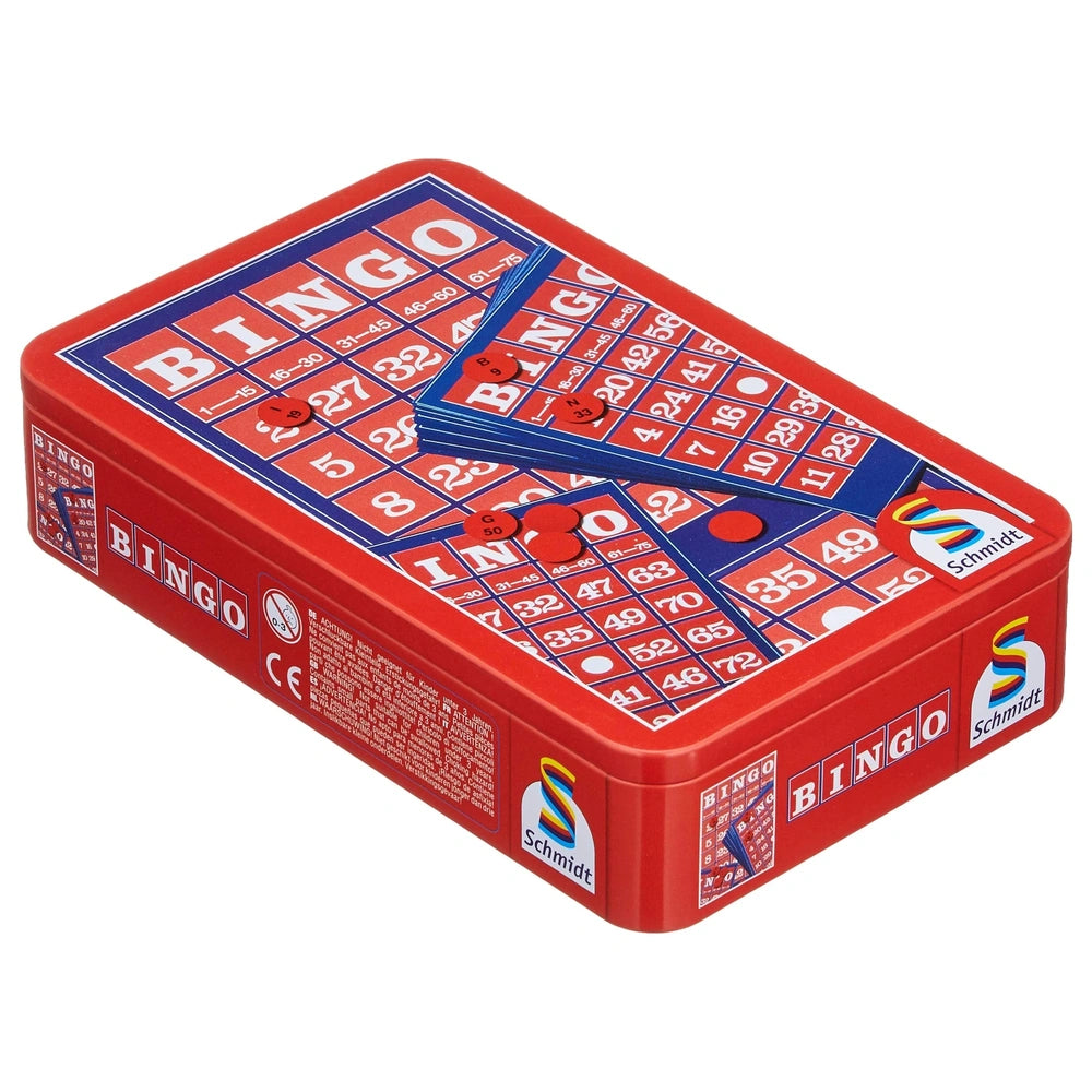 Red Bingo game box featuring a glossy finish, with a matte Bingo card displaying a grid of numbers and red markers.