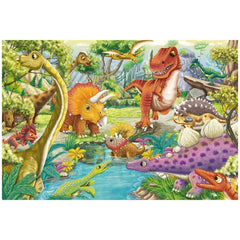Dinosaur Fun puzzles feature vibrant cartoon dinosaurs in a lush prehistoric scene with water and greenery.