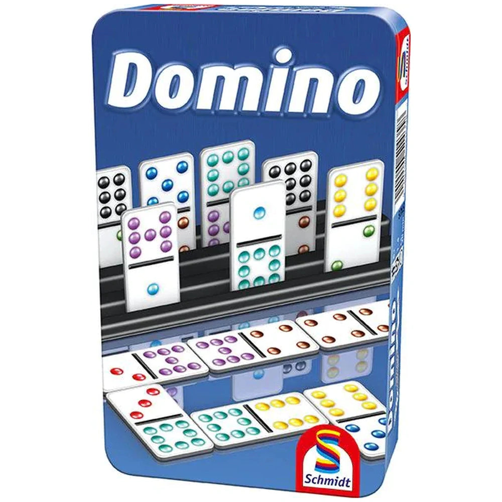 Schmidt Spiele Domino classic board game box featuring vibrant tiles and a glossy design for two to four players.