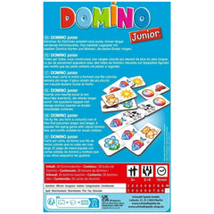 Schmidt Spiele Domino Junior features vibrant illustrations and bold text, designed to engage and attract children's attentio