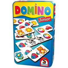 Domino Junior box features vibrant colors and cartoon imagery, designed to attract children's attention for fun gameplay.