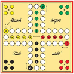 Schmidt Spiele board game features a bright yellow grid with a larger central square and various colorful symbols and text in