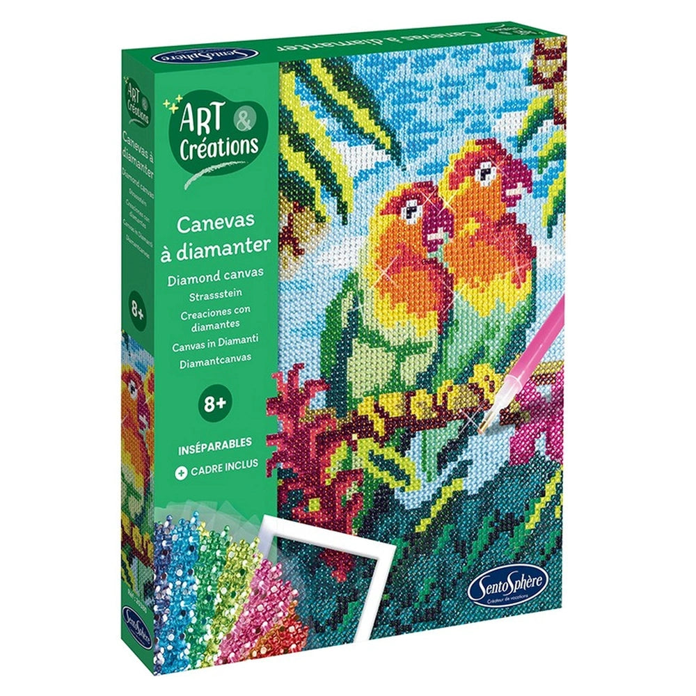 Sentosphere Arts & Creations Diamond Canvas box features vibrant parrots on a green background with a clear plastic window.