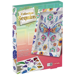 Sentosphere's Sequins Butterflies craft kit packaging features vibrant colors, a clear window, and decorative designs.