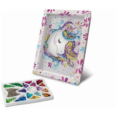 Unicorn-themed decorative box features a colorful unicorn with a vibrant rainbow swirl and floral border.