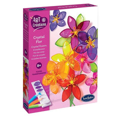 Crystal Flower crafting kit in a pink box features transparent sheets with colorful flowers and leaves.