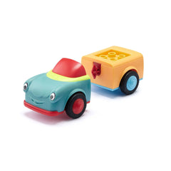 Siku construction set features two toy vehicles, one blue with red accents and a smiling face, and one orange with a yellowis