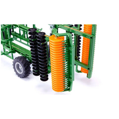 A green tractor with orange springs and black tires displayed against a white background, showcasing its smooth metal finish.