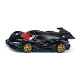 Black toy car with a glossy finish, red interior, yellow wheels, and a streamlined design against a white background.