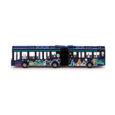 Articulated double-decker bus model in dark blue with colorful amusement park decorations and "Park & Ride" text.