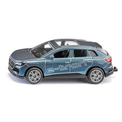 Siku Audi Q4 e-tron model car in glossy blue finish, showcasing detailed components against a plain white background.