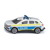 Siku Audi Q4 police emergency vehicle model features a glossy white body with a yellow stripe and "POLIZEI" text.