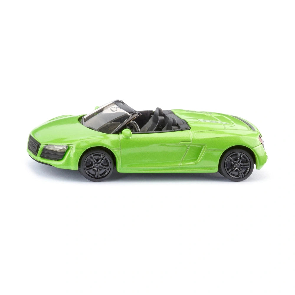 Siku Audi R8 Spyder model car in bright green with glossy finish, showcasing detailed features against a plain background.