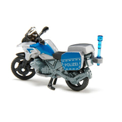 Siku BMW police motorbike model features a white and blue design with "POLIZEI" emblem and glossy plastic finish.