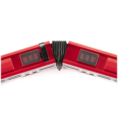 Siku Bombardier Tram features a red plastic casing with black accents and a metallic surface, showcasing its detailed design.