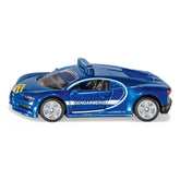 Siku Bugatti Chiron Gendarmerie toy car features a shiny blue finish with white and yellow stripes and detailed components.